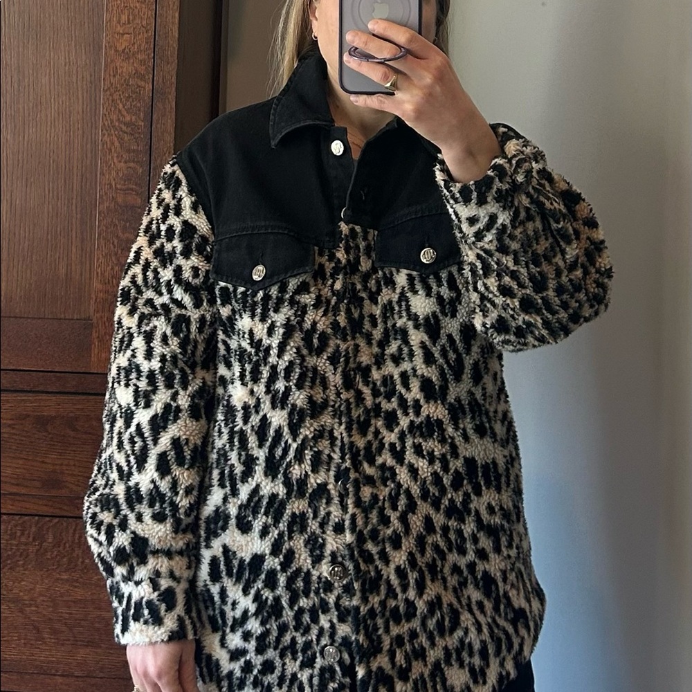 Maje leopard fleece/denim lined jacket.